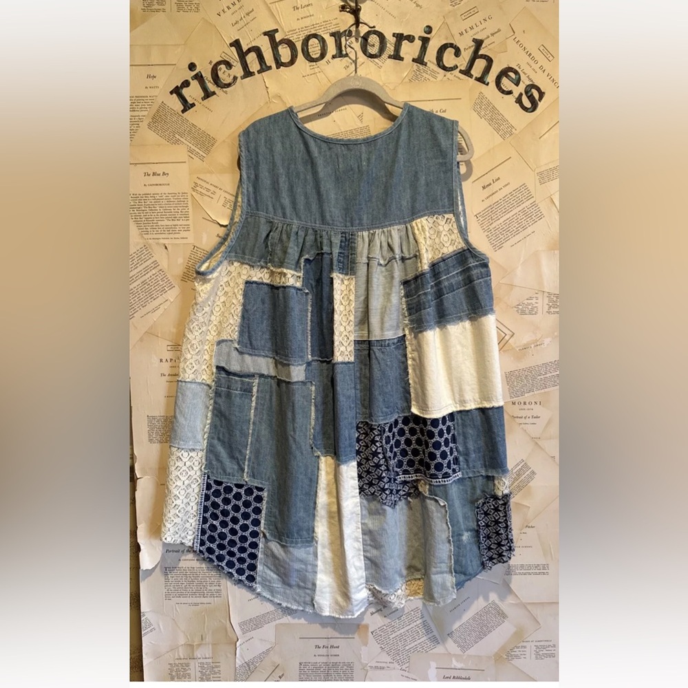 Free People Perfect Patchwork Denim Tunic Dress Distressed Lace Piecing Blue - Picture 3 of 5